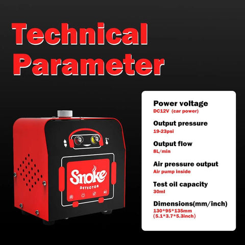 Solary SD101 automotive smoke leak tester front view; red and black portable EVAP diagnostic device.