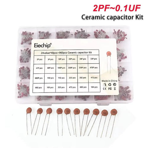 All In One Ceramic Capacitor Assortment Kit 960 Pieces 24 Values From 2pF To 0.1uF 50V Rating with labeled storage box