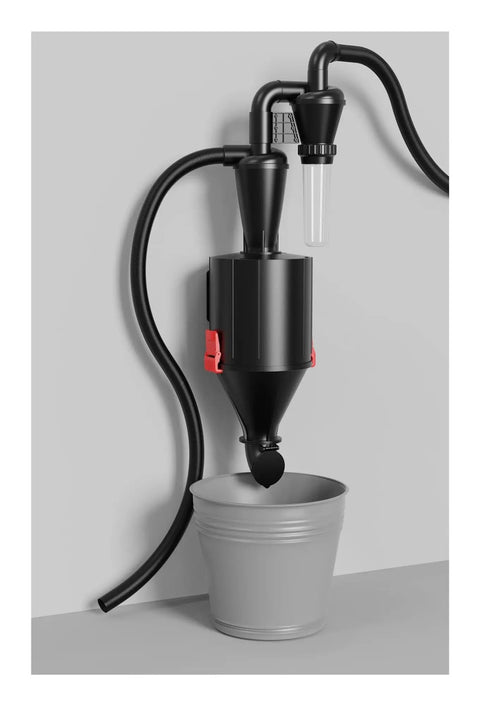 Heavy Duty Two In One Cyclone Separator Vacuum Cleaner Wall Mounted Wheeled Industrial Dust Collector Turbo Suction Dual Filter above gray bucket.