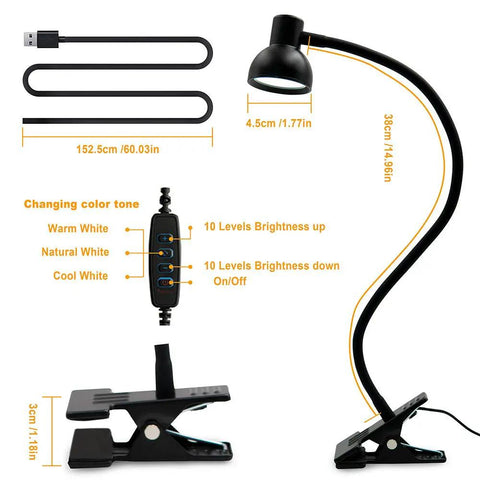 Clip On LED Desk Lamp With 360 Degree Flexible Gooseneck Eye Caring Night Light USB Powered Dimmer 3 Color Modes And 10 Brightness Levels