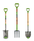 Three-Piece Small Spaces Gardening Kit with border spade, digging fork, and round point shovel, wooden handles, and green grips.