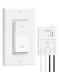 Wireless Light Switch Kit With Receiver For No In-Wall Wiring, Decorator Rocker Wall Switch, 200-Foot Long Range RF Remote shown.