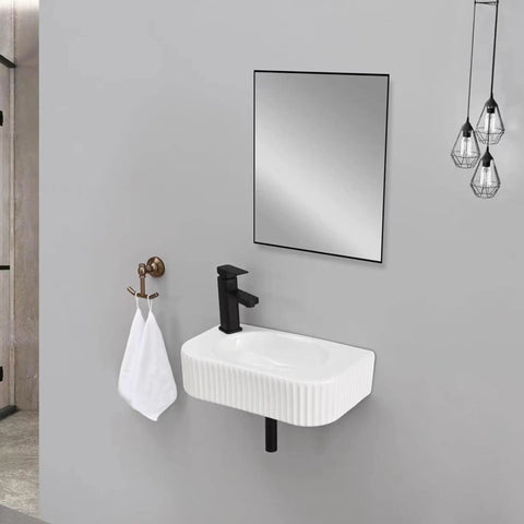 Rectangular Wall Mount Vessel Sink In White Porcelain Ceramic With Faucet And Drain, Modern Wall Mounted Bathroom Basin Installed