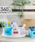 360 Degree Rotating Desk Organizer With 9 Deep Bins, 12 Inch Lazy Susan Turntable on desk holding scissors and phone