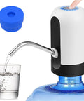 White 5 Gallon Water Dispenser Pump With USB Charging, Reusable Cap, fitted on a 5-gallon jug with water pouring into a glass.