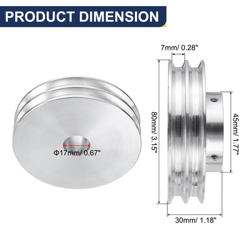 Heavy Duty Aluminum Double Groove V Belt Pulley, 17mm Bore, 80mm Outer Diameter, 7mm Groove, side and top view dimensions