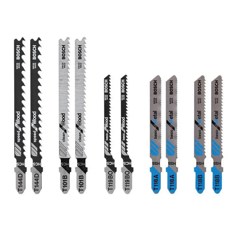10 Piece T Shank Jig Saw Blade Set For Wood And Metal Includes T101B Wood Blades T144D Wood Blades T119BO Scroll Blade T118A Metal Blade And T118B Metal Blade Perfect For General Woodworking And Cutting Thick Or Thin Metals.
