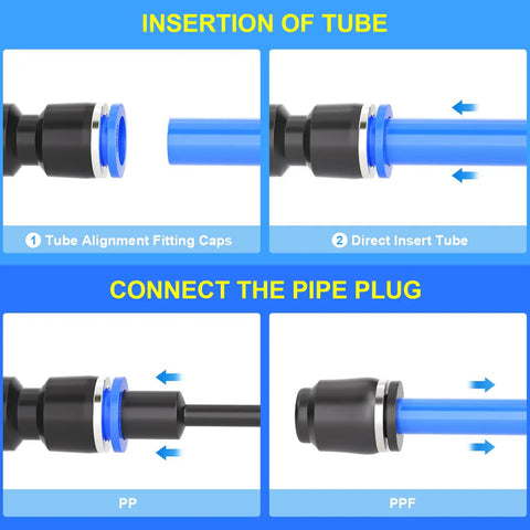 Insertion and connection of tubes using 5/16 Inch OD Push To Connect Pneumatic Fittings Kit with PP and PPF components.