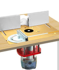 Heavy Duty Aluminum Router Table Insert Plate With Easy Mount Slide Brackets And Bullseye Miter Gauge Fence Built Dang Tough For Weekend Warriors And Delivering Flawless Cuts Every Single Time mounted on a workbench.