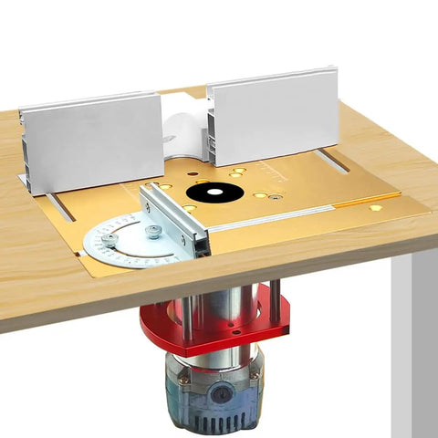 Heavy Duty Aluminum Router Table Insert Plate With Easy Mount Slide Brackets And Bullseye Miter Gauge Fence Built Dang Tough For Weekend Warriors And Delivering Flawless Cuts Every Single Time mounted on a workbench.