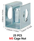 25 Piece Slide On Cage Nuts With Sleek U Shape Build And Zinc Plated M5 Thread For Hassle Free Server Rack Mounting, dimensions shown.