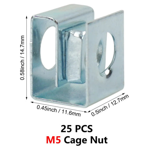 25 Piece Slide On Cage Nuts With Sleek U Shape Build And Zinc Plated M5 Thread For Hassle Free Server Rack Mounting, dimensions shown.