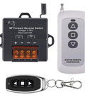 Wireless Forward Reverse Remote Switch with remote controls for DC motors and actuators 5V to 48V, 10A, 168 ft range, self holding modes.