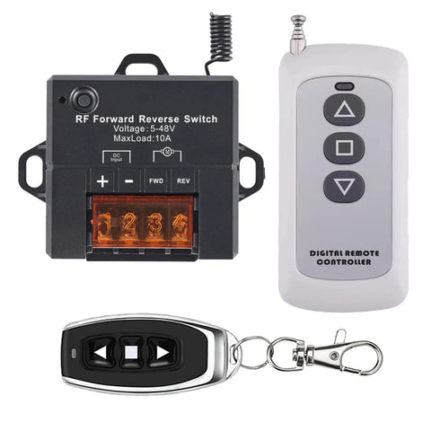 Wireless Forward Reverse Remote Switch with remote controls for DC motors and actuators 5V to 48V, 10A, 168 ft range, self holding modes.