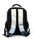 Back view of Minimal Mountain Lake Art Backpack showing breathable straps and durable polyester for everyday carry.