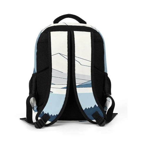 Back view of Minimal Mountain Lake Art Backpack showing breathable straps and durable polyester for everyday carry.