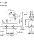 Dimensions diagram of One-Way Action Short Hinge Roller Lever Limit Switch 1NO 1NC SPDT 10A 250VAC Heavy Duty Industrial Horizontal.