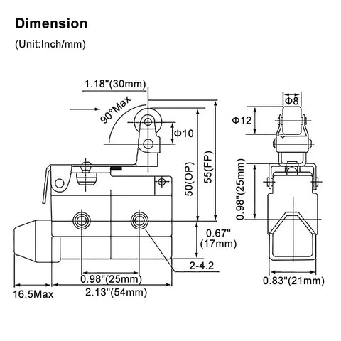 Dimensions diagram of One-Way Action Short Hinge Roller Lever Limit Switch 1NO 1NC SPDT 10A 250VAC Heavy Duty Industrial Horizontal.
