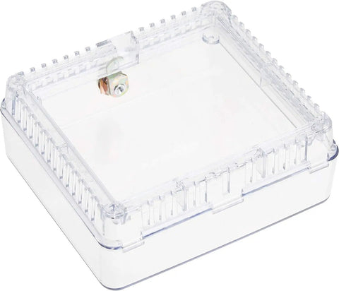 Lock It Down Thermostat Guard For Most 5 By 6 Inch Models White, clear medium plastic guard showing top and side view