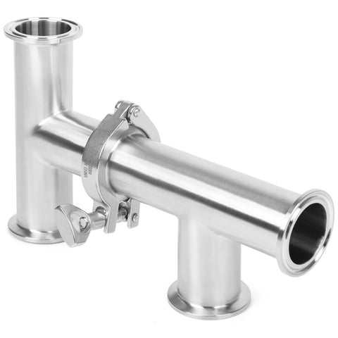 Stainless steel 1.5-inch tri-clamp sanitary tee with clamp and side valve, polished, 38mm OD