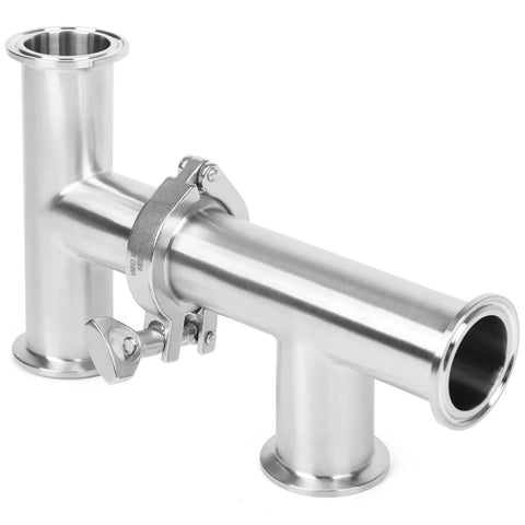 Front view of 2 Inch Tri Clamp Tee 3 Way Sanitary Fitting Equal Tee In Stainless Steel 304 Polished Pipe OD 50.5mm Ferrule 64mm