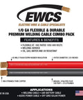 Infographic showcasing features of 1/0 Gauge Premium Extra Flexible Welding Cable 600 Volt Combo Pack Black And Red 15 Feet Each Made In USA
