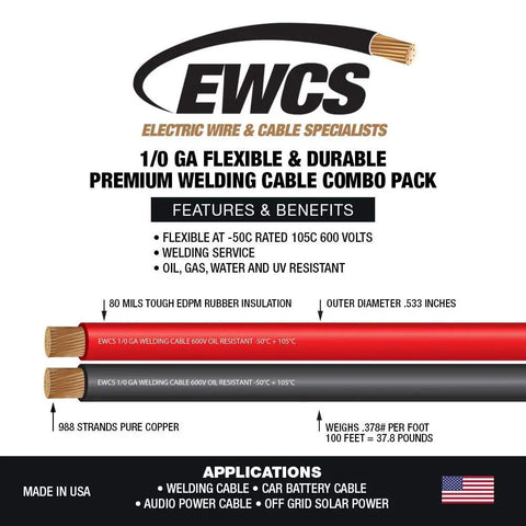 Infographic showcasing features of 1/0 Gauge Premium Extra Flexible Welding Cable 600 Volt Combo Pack Black And Red 15 Feet Each Made In USA