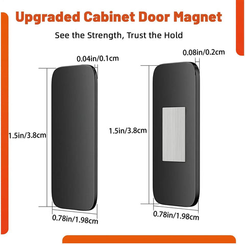 Six Piece Self Adhesive Magnetic Drawer And Cabinet Locks Kit showing dimensions and thin design profile for easy install