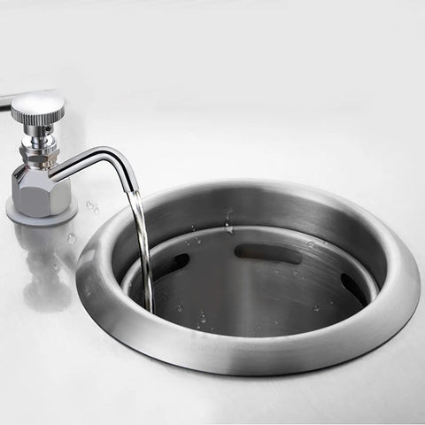 Stainless Steel Brass Dipper Well Faucet for Coffee Shop Sinks in use, showing water flow, ideal for spoon and utensil rinsing.