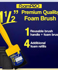Top Shelf Classic Foam Paint Brush Set With Heavy Duty Handle And Four Easy Swap Refills For Slick Coverage On Wood Stains Urethane Varnish And Primer No Fuss Home Project Essential That Flows Like Butter showing 1.5" foam brush and four refills.