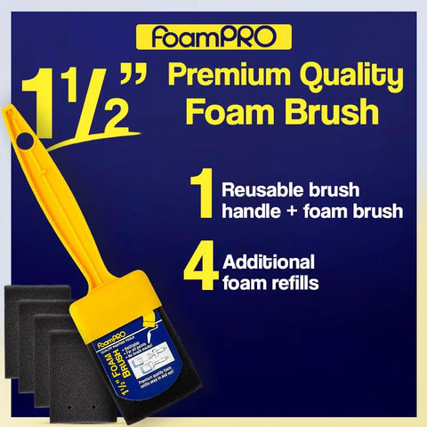 Top Shelf Classic Foam Paint Brush Set With Heavy Duty Handle And Four Easy Swap Refills For Slick Coverage On Wood Stains Urethane Varnish And Primer No Fuss Home Project Essential That Flows Like Butter showing 1.5" foam brush and four refills.