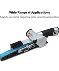 20mm Air Belt Sander Workhorse For Heavy Duty Woodworking Metal Polishing And Precision Grinding with blue belt and alloy body.