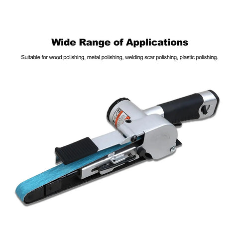 20mm Air Belt Sander Workhorse For Heavy Duty Woodworking Metal Polishing And Precision Grinding with blue belt and alloy body.