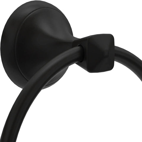 Close-up of matte black hand towel ring holder for kitchen and bathroom, wall-mounted with corrosion resistant finish.