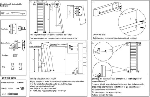 Installation instructions for Rolling Ladder Hardware Kit With Floor Roller Track, 100cm Adjustable Sliding Ladder System for Home Library.