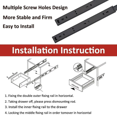 Installation guide for Top Shelf Heavy Duty Black Drawer Slides Pair Full Extension Smooth Glide Runners with multiple screw holes.