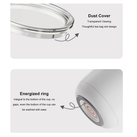Slick 2 In 1 Self Stirring Heated Coffee Mug With Automatic Mixing And 3 Chill Proof Temp Modes For Coffee Milk Cocoa Protein Shakes 300 Ml Stainless Steel image showing dust cover and energized ring features