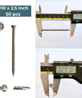 Marine Grade 316 Stainless Steel Wood Screws Size 10 x 2-1/2 Inch Flat Head Square Drive Self Tapping Rust Resistant For Outdoor Deck And Dock Projects 50 Pack with digital caliper measurement