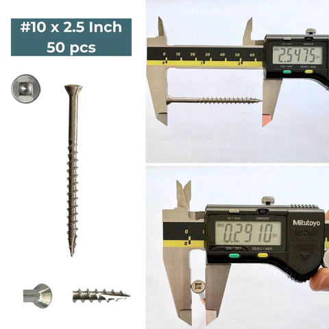 Marine Grade 316 Stainless Steel Wood Screws Size 10 x 2-1/2 Inch Flat Head Square Drive Self Tapping Rust Resistant For Outdoor Deck And Dock Projects 50 Pack with digital caliper measurement