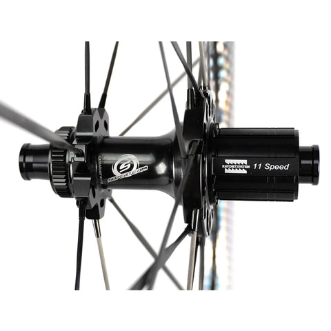 Carbon Disc Wheelset S All D28 50 Tubeless With Carbon Spokes 700C hub detail showing Shimano 11 speed compatibility