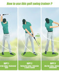 Illustration showing use of Retractable Golf Swing Trainer With Audible Click Feedback For Realistic Swing.