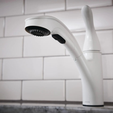 Brecklyn Glacier White One-Handle Single-Hole Kitchen Faucet With Pull-Out Sprayer Power Clean Reflex System close-up view