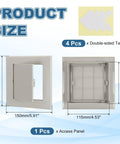 Super Slick Snap Fit Drywall Access Panel With No Sweat Double Sided Tape Mounting And Thick Plastic Housing In Clean Gray showing size dimensions and included double-sided tape.
