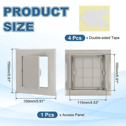 Super Slick Snap Fit Drywall Access Panel With No Sweat Double Sided Tape Mounting And Thick Plastic Housing In Clean Gray showing size dimensions and included double-sided tape.