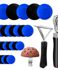 Hella Tough Tire Repair Patch Kit With Tungsten Steel Buffing Wheel Rubber Patches Roller And Scraper For Car Motorcycle flat fixes, includes blue and black patches, scraper, and buffing wheel.