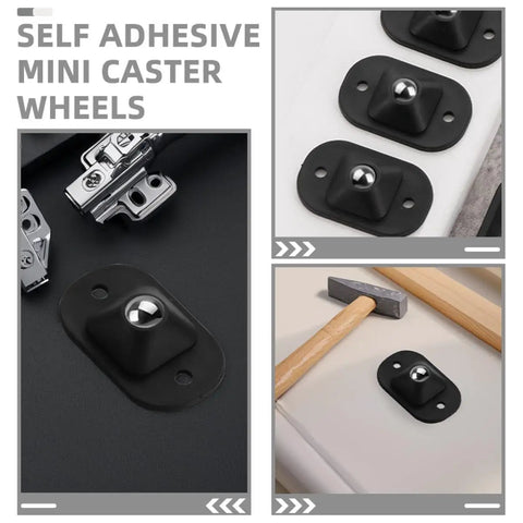 Self Adhesive Black Appliance Caster Wheels With 360 Degree Swivel Design Touch Down Roll Easy Low Profile Rollers For Kitchen Fridges Heavy Duty Storage Trays on surfaces.