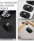 Close-up of 12 Pack Self Adhesive Black Mini Caster Wheels With 360 Degree Swivel, showing installation on a surface.