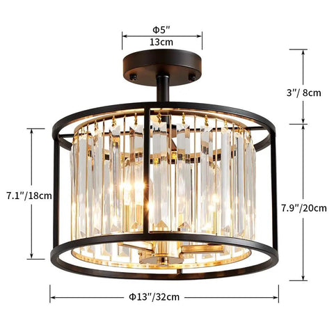 Crystal Semi Flush Mount Ceiling Light Fixture With 3 Light Modern Farmhouse LED Drum Crystal Lamp E12 Base D13 X H15 Gold Matte Black Finish Metal Frame Dope Shine For Living Room