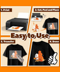 Steps showing how to use PU Heat Transfer Paper For Inkjet Printer, Dark Fabric Iron On Transfers, 10 Sheets 8.5x11 on T-shirts