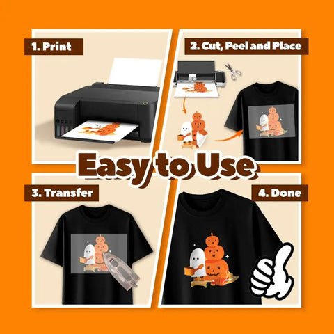 Steps showing how to use PU Heat Transfer Paper For Inkjet Printer, Dark Fabric Iron On Transfers, 10 Sheets 8.5x11 on T-shirts